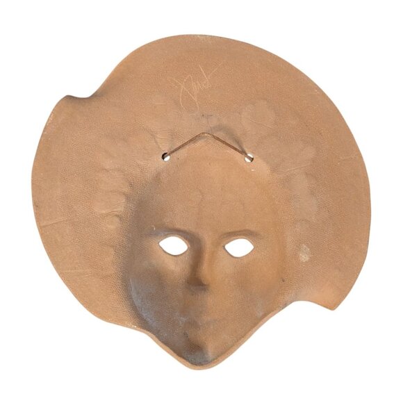 Handcrafted Terracotta Wall Mask Tribal Cactus Design Blue Accents - Picture 2 of 13